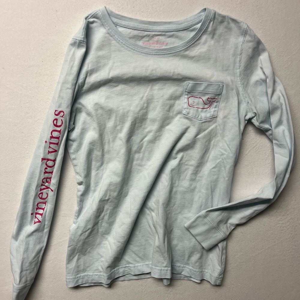 Vineyard Vines Light Blue Long Sleeve Tee with Pink Accents